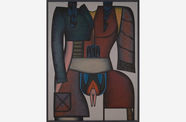 Painting of a disembodied female form, wearing a jacket, a pair of pants emerging from her vulva