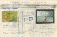 Pencil sketch of an "iOV EXposition" with two artworks separated by a floating plinth with apertures cut into it