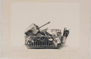 Photorealistic woodprint of a dish rack laden with dishes