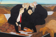 Painting of a group of men in suits huddling together