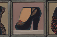 Triptych painting of a black corset, a black shoe, and the back of a woman's head wearing a black hat
