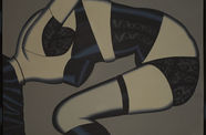Painting of a woman's body, bent over and wearing black bra, corset, underwear, and stockings