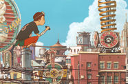 Animated still of a young man crouching atop an electricity pole in front of an urban backdrop