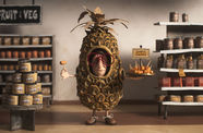 Animation still of an elderly person wearing a pineapple costume, holding a tray of fruit samples