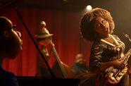 an animation image featuring a woman with saxophone and a man sitting on a piano