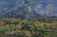 Impressionistic painting of a village at the foot of a large mountain