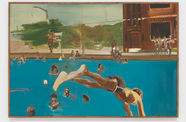 Painting of a pool, with a figure in the foreground diving in