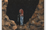 Painting of a Black man holding a lantern viewed from behind, in front of a starry sky