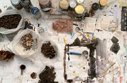 Overhead view of art materials on a table 