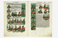 An ancient text book illustrated with hieroglyphs and scenes of the afterlife