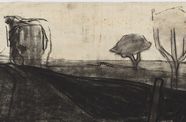 Black and white drawing of a landscape with sparse trees