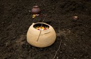 Three earthen pots, filled with flower petals with a twig laying across the top, on a bed of soil