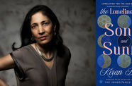 Headshot of Kiran Desai alongside her novel The Loneliness of Sonia and Sunny
