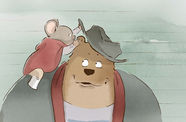 A cartoon mouse in a red cape sits on the shoulder of a bear, lifting the bear's hat to whisper in its ear