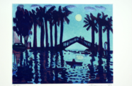 silhouette of palm trees and bridge against a dark blue sky, water, and moon