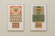Two framed artworks on a wall with colorful geometric patterns