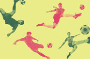 Graphic with four soccer players on a yellow background