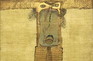 Portrait with exaggerated features, eyes ringed in gold
