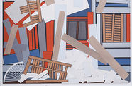 Geometric painting of a building facade with windows and shutters in disrepair