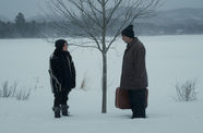 A woman and a man holding a suitcase, standing in a snowy landscape
