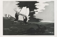 Black and white drawing of a ship being held above the ocean waves by a huge pair of hands