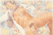 Soft depiction of a man with light skin, brown hair, and a mustache in repose, his white shirt open and his penis visible. Behind or beneath him, a patchwork of different designs