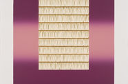 Square print in purple and pink-toned horizontal stripes, interrupted by a rectangle in drab green with white vertical marks 