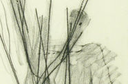Chalk drawing of a shadowy figure behind a composition of vertical lines