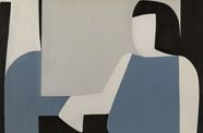 An abstract painting depicts a figure composed of flat, geometric shapes in black, white, light gray, and muted blue.