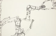 A black ink line drawing depicts interconnected human figures in acrobatic poses, their bodies of the figures are composed of many smaller faces.