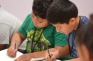 Two boys are writing in notebooks with pencils. 