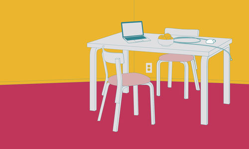 graphic image of a white table and chairs with a computer on the table, with a solid background of yellow covering the top half of the image, and burgundy on the bottom half.