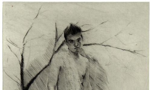 Black and white etching of a standing naked figure with short black hair. A long strip of spotted fabric is draped over their shoulder and nearly reaches the ground. A leafless dark black tree  stands in the background.