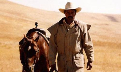 Man walks with horse on leash through a hilly plain.