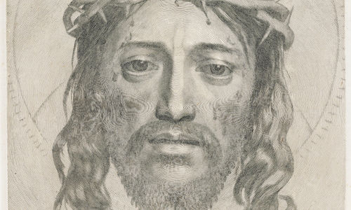 Detailed pencil portrait of man with long hair and beard wearing crown of branches