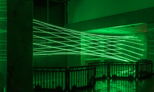 Green lasers fill a room