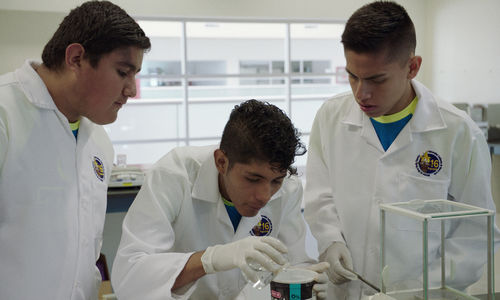 Three boys working in a science lab