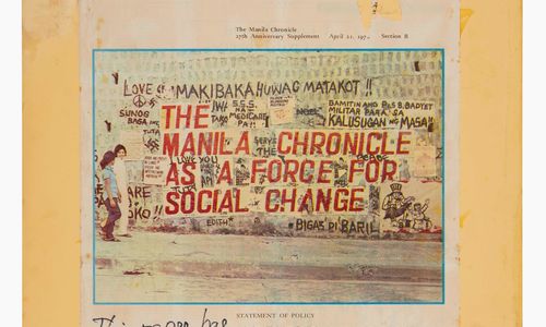 Sheet of paper with the message "THE MANILA CHRONICLE AS A FORCE FOR SOCIAL CHANGE"