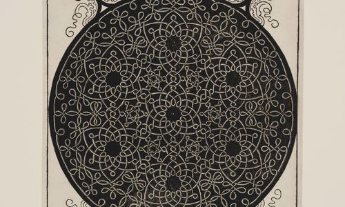 Woodcut with intricate floral and geometric engravings