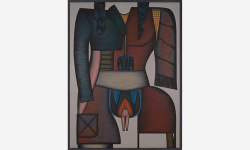 Painting of a disembodied female form, wearing a jacket, a pair of pants emerging from her vulva