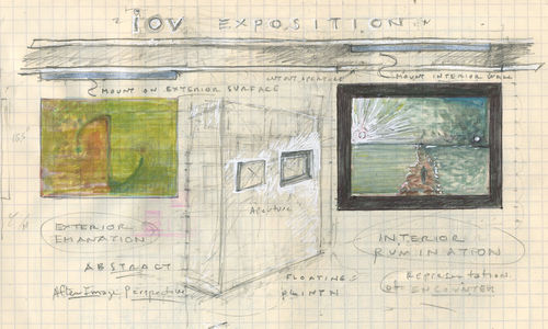 Pencil sketch of an "iOV EXposition" with two artworks separated by a floating plinth with apertures cut into it