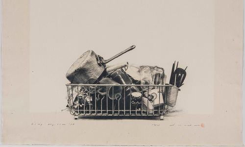 Photorealistic woodprint of a dish rack laden with dishes