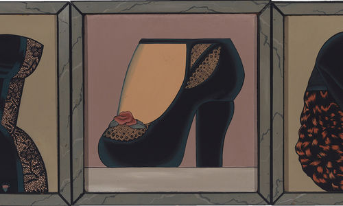 Triptych painting of a black corset, a black shoe, and the back of a woman's head wearing a black hat