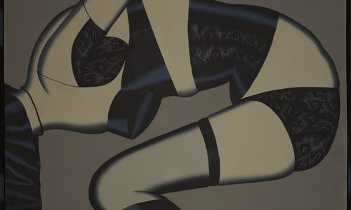 Painting of a woman's body, bent over and wearing black bra, corset, underwear, and stockings