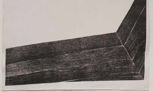 Minimal, abstract print with wood grain