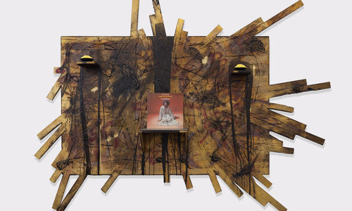 Dimensional sculpture with an Alice Coltrane record at its center
