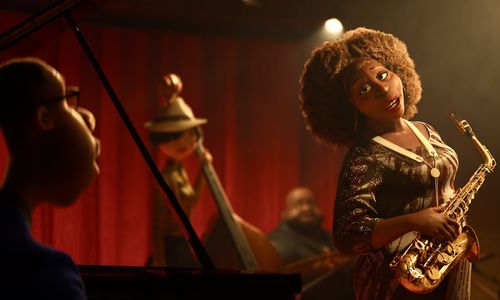 an animation image featuring a woman with saxophone and a man sitting on a piano