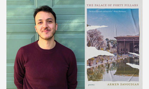 Headshot of Armen Davoudian alongside his book cover