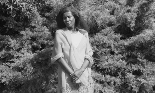 Black and white photo of Alice Coltrane