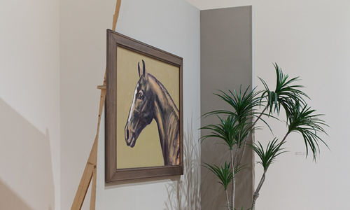 an installation with a plant, a painting hanging on a broken wall
